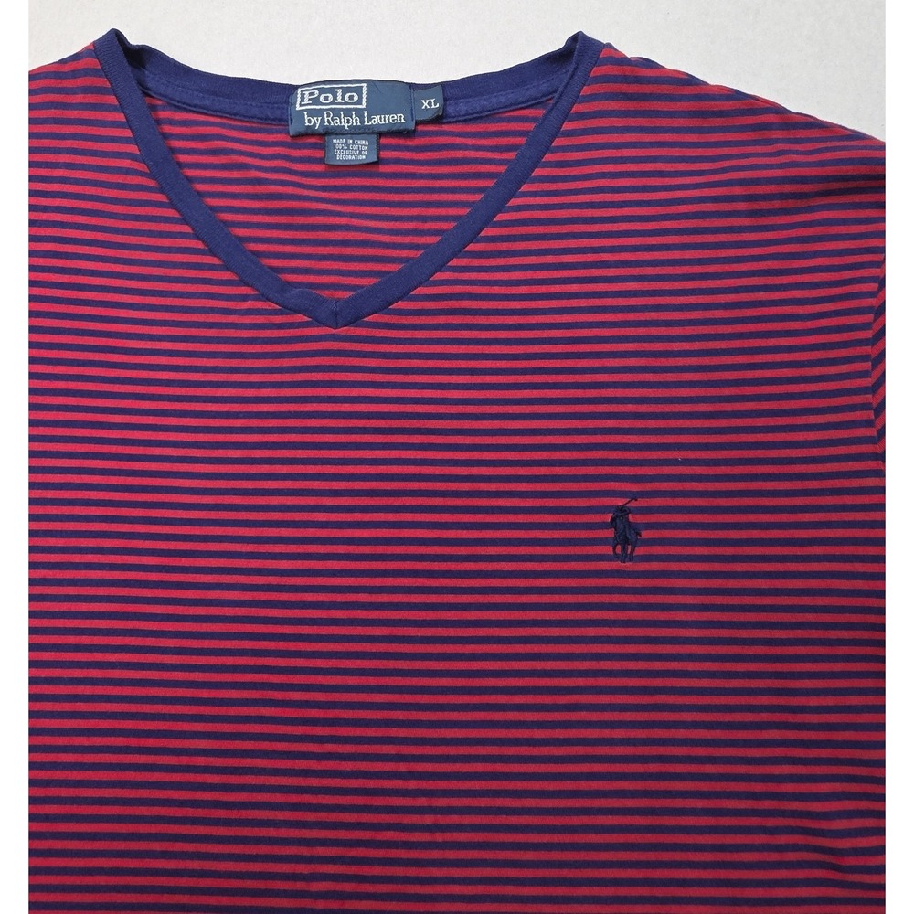 Polo Ralph Lauren Mens XL V-Neck Short Sleeve Shirt Blue Red Striped Pony Logo